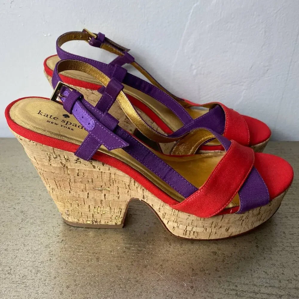 KATE SPADE SANDALS 10 PENNY PLATFORM CHUNKY CORK WEDGE HEELS STRAPPY RED PURPLE